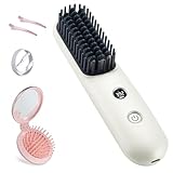 STUDLLY LCD Screen Cordless Hair Straightener Curler 2 in 1, Portable Mini Hair Straightening Brush for Travel Negative Ionic Fast Heating Hot Comb for Women, Folding Brush with Mirror, White