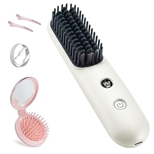 LCD Screen Cordless Hair Straightener Curler 2 in 1, Portable Mini Hair Straightening Brush for Travel Negative Ionic Fast Heating Hot Comb for Women, Folding Brush with Mirror, White
