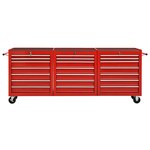 Tidyard Werkzeugwagen Werkstattwagen mit 21 Schiebeschubladen, Abschließbar, auf Rollen, Stahl Rot 202 x 33 x 77,2 cm