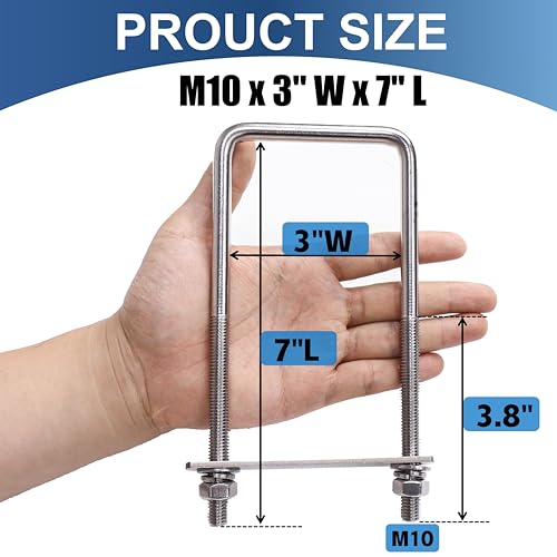 Image of 8 Pcs M10 Square U Bolts 3 Inch Wide, 3 /8 inch x 3 inchW x 7 inch L | 304 Stainless U Bolt Heavy Duty with Nuts,Bolt Plate and Washers,Square U Bolts 3 inch Wide,Metric bolts