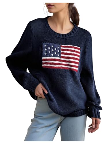 SweatyRocks Girl's Flag Graphic Long Sleeve Round Neck Sweater Casual Loose Pullover Sweaters