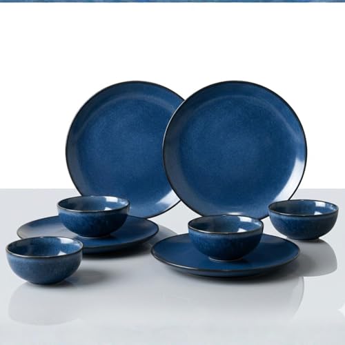 Image of Freakway Reactive Glaze Dinner Set, Midnight Blue, Stoneware, 8 Piece, 4 Dinner Plates and 4 Serving Bowls