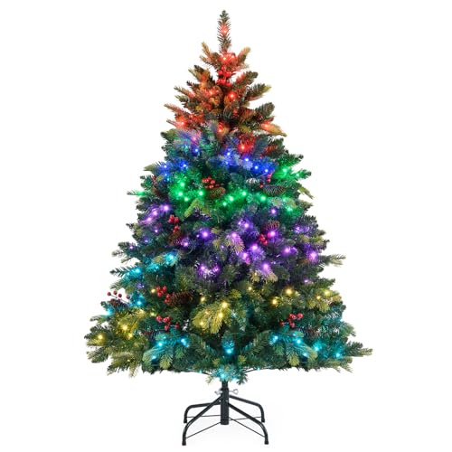 COSTWAY 4.5FT/5FT Pre-Lit Artificial Christmas Tree, Hinged Xmas Tree with Branch Tips, LED lights, Pine Cones & Red Berries, Christmas Decor for Holiday Home Office (Colorful Lights, 150 cm)