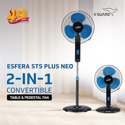 Image of V-Guard Esfera STS Plus Neo 2-in-1 Pedestal & Table Fan 400mm | 1350 RPM High-Speed Motor | ~70 m /min Air Delivery | 3 Speed | Smooth Oscillation & Tilt Control | Thermal Protection | Blue Black