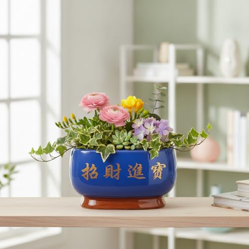 Image of Xtore Elegant Sky-Blue Ceramic Bonsai Planter Pot for Indoor & Tabletop Decor | Glossy Finish Bowl with Artistic Raised Detailing & Sturdy Feet Base (Pack of 1, Planter Only)
