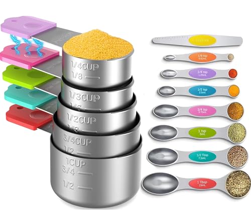 Minteem Magnetic Measuring Cups and Spoons Set, 5 Nesting Stainless Steel Measuring Cup Set with Easy to Read Markings, 7 Magnetic Measuring Spoons & 1 Leveler for Measuring Dry or Liquid Ingredients