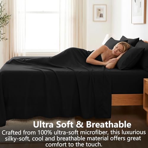 Image of CozyLux 6-Piece Full Size Bed Sheets, Fits 18-21 Inch Mattresses, Oeko-TEX | 4 Pillowcases, 1 Flat Sheet and 1 Fitted Sheet with All-Around Elastic and 21-Inch Deep Pocket for a Secure Fit, Black