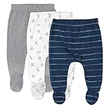 HonestBaby Baby 3-Pack Organic Cotton Footed Harem Pants, Dotted Stripe Navy Blue, 0-3 Months