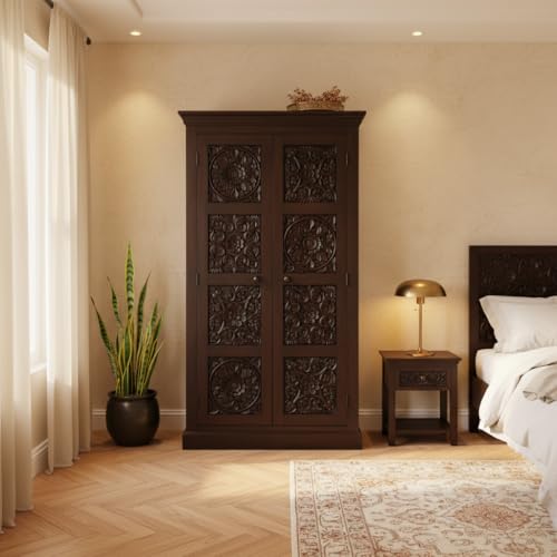Image of APRODZ Floreale Mango Wood Wardrobe for Bedroom 2-Door Modular Wooden Almirah for Storage /Space Saving Storage Organizer Rack Clothes Cupboard for Bedroom (Brown Finish)