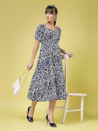 Image of OOMPH! Below Knee Shift Pink Dress in Crepe Fabric with Round Neck and Puff Sleeves - md619l