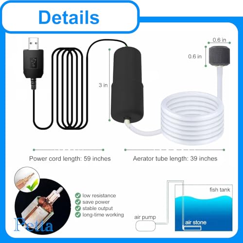 Image of USB Oxygen Air Pump for Aquarium, Quiet Mini Air Pump with 1 Mini Single Sponge Filter, 1 Air Stone for Shirmp Nano Fish Tank & Transporting Aquatic PA152-5