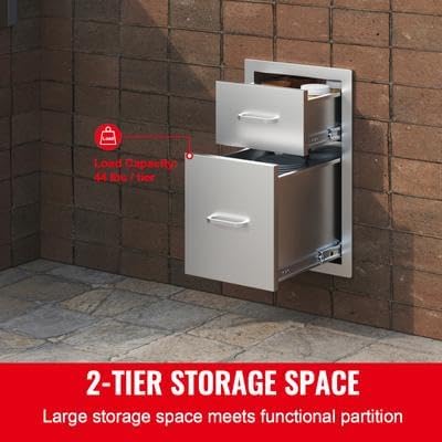 Happybuy Outdoor Kitchen Drawers 13" W x 20.4" H x 20.8" D, Flush Mount Double BBQ Access Drawers with Stainless Steel Handle, Perfect for BBQ Islands and Patio Grill Stations