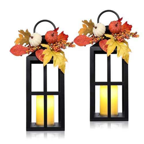 Fall Lanterns Decorative Indoor Outdoor, 2 Pack Hanging Harvest Lantern with LED Candle, 18 Inch Autumn Flameless Lights with Pumpkin and Maple Leaf for Thanksgiving Table Centerpiece Home Decor