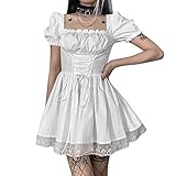 IKADEX Women Gothic Dress Vintage Lace Up Punk Goth Lolita Dress Casual Party Mini Dresses #B: White Short Sleeve M