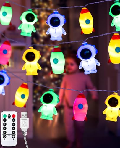 AceList Guirlande lumineuse pour chambre d'enfant, 3 m, 20 LED, avec batterie et minuterie USB, multicolore, 8 modes, guirlande lumineuse astronaute, nuages, arc-en-ciel, pour chambre d'enfant, fête