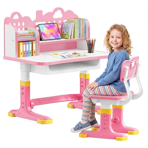 TAKEAUFLY Kids Desk and Chair Set, Height Adjustable Study Desk for Kids Ages 3–12, Ergonomic School Writing Table with Storage Drawer and Castle Backboard, Widened Desktop for Boys and Girls (Pink)