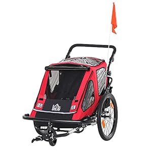 HOMCOM Kinderanhänger 2 in 1 Design Fahrradanhänger mit Aufbewahrungstasche Kinderwagen mit Mesh-Tür Fahne 360° Drehbar…