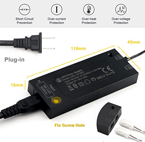 Image of VST 20W LED Power Supply, AC 100-240V to DC 12V Low Voltage Transformer with JST Ports, Black Power Adapter for Cabinet Strip Lights, Dimmer Switch Not Included
