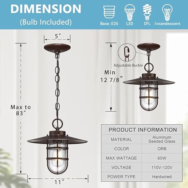 Rustic Pendant Light 11 Inch Exterior Hanging Lights Fixture ORB