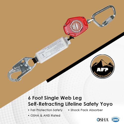 Image of AFP Demon 6 Foot Single Web Leg Self Retracting Lifeline Safety Yoyo, Shock Pack Absorber, Steel Snap Hook & Steel Carabiner Fall Protection Arrest Limiter SRL | OSHA & ANSI Rated