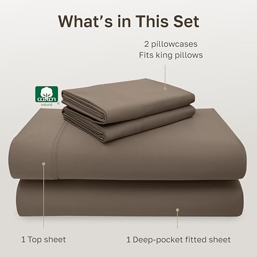 Image of California Design Den 600 Thread Count Sheets King, 100% Cotton Sheet, Sateen, King Size Bed Sheets, Soft Bedding with Deep Pockets (Mushroom - Taupe Brown)
