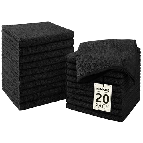 Image of UNIMADE Washcloths - 20 Pack - Face Towels (12 inch x 12 inch), Highly Soft Wash Cloths and Hand Towels, Fast Drying Multi-Purpose Microfiber Cleansing Cloths for Bathroom, Hotel, Spa, and Salon - Black