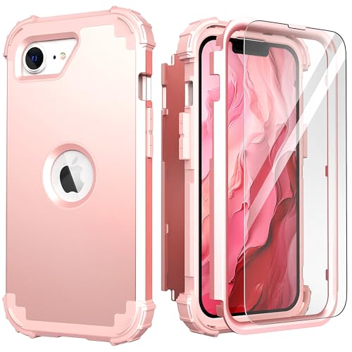 IDweel for iPhone 17e Case with Screen Protector(2026),Case for iPhone 16e(2025),Hybrid 3 in 1 Shock Absorption Slim Fit Heavy Duty Hard PC Cover Soft Silicone Bumper Full Body Cover,Rose Gold
