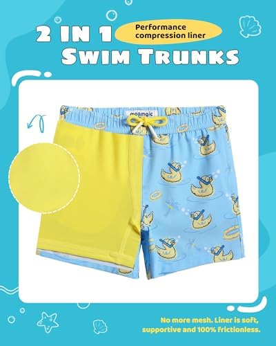 maamgic Boys Swim Trunks with Compression Liner Toddler Stretch Quick Dry Swim Shorts Quick Dry 2 in 1 Beach Shorts,Ducks Blue,Medium(10/12) — view 2