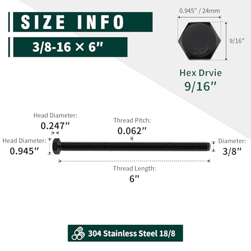 Image of 3 /8-16 x 6 Hex Head Bolts Black, 304 Stainless Steel 18-8 Hexagon Head Screws Bolts, Black Oxide Finish, Allen Hex Drive, 8 PCS