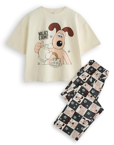 Wallace And Gromit Womens Pyjama Set | Ladies Gromit Tea Classic Logo Short Sleeve Top & All Over Print Graphic Loungewear Bottoms in Grey & Navy | Classic Movie Comedy Series Merchandise Gift