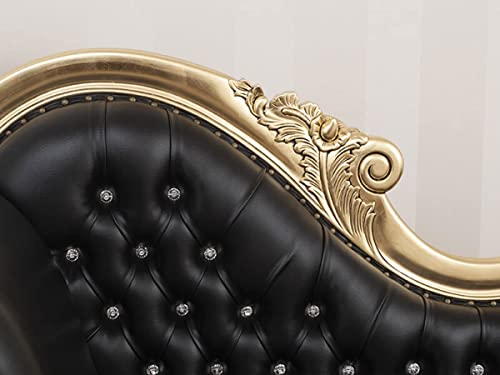 Image of Chaise Lounge Royal Carving Sofa Design Golden Polished and Leatherette Cover (Black) - 3 Seater