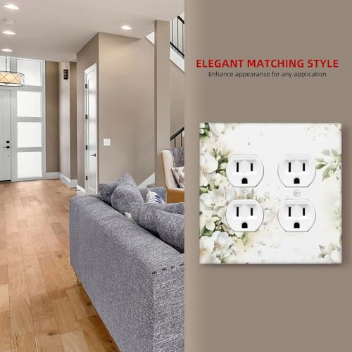 Decorative Outlet Covers Rustic Ink Green Leaves White Florals Flower 2 Gang Outlet Cover Wall Plate Double Duplex Light Switch Cover Plate Switch Plate Covers for Bedroom Home Decor