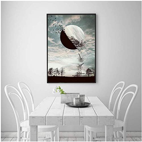 Toile arbre sur la lune decoration murale pour illuminer une piece sombre
