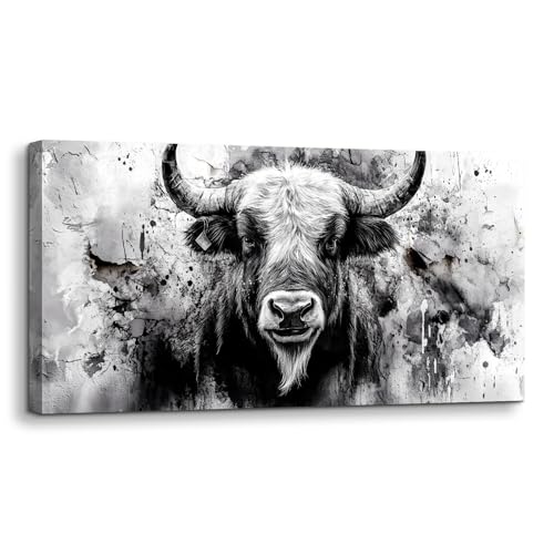 SERIMINO Bull Black and White Wall Art, Western Highland Cow Large Artwork, Animal Buffalo Canvas Prints, Modern Industrial Wall Decor Living Room Bedroom, Office Horizontal Pictures 20X40 Inch