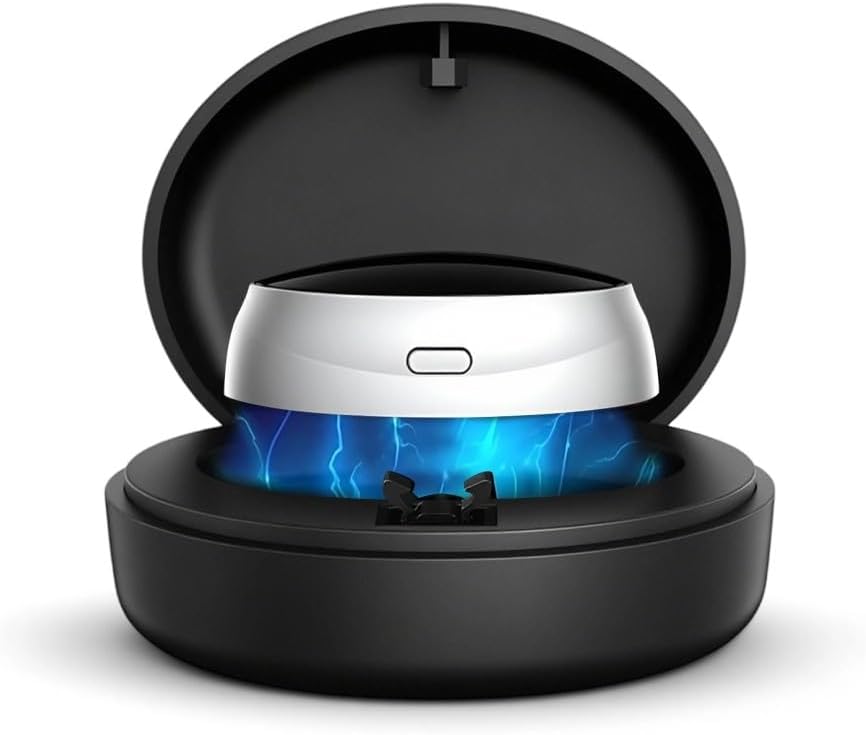 The Meacode Smart Anti-Snoring Device resting inside its open black charging case.