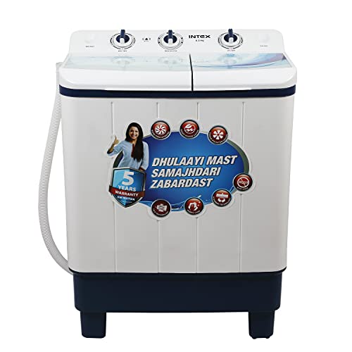 Image of Intex 6.5 KG Semi Automatic Top Loading Washing Machine with Premium Glass Lid (Wave Pulsator, Blue and White, SA65NBHG)