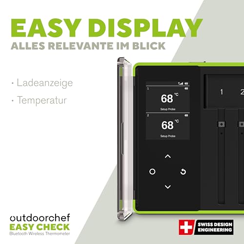 Outdoorchef Easy Check Thermometer Dual – Wireless Bluetooth BBQ‑Thermometer mit App, 2 hitzebeständige Fühler für Fleisch & Garraum, 200 m Reichweite, spülmaschinenfestes Grillthermometer