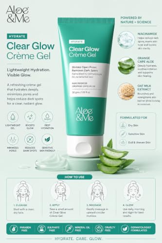 Image of Aloe&Me Clear Glow Creme Gel, Pore Shrinking & Dark Spot Treatment, 50g, For Dry to Sensitive Skin