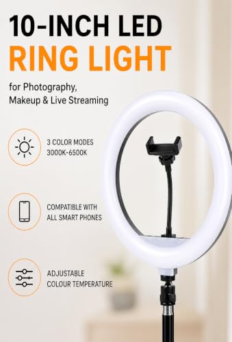 Image of 10 Inch LED Ring Light with Mobile Holder | 3 Color Lighting Modes | Adjustable Brightness | USB Powered Selfie Ring Light for Photography, Makeup, Video Recording
