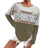 Wanderbluse Damen Langarm Atmungsaktiv Damen Top Color Block Rundhalsausschnitt Leopard Pullover T-Shirt Unterhemd Damen Langarm