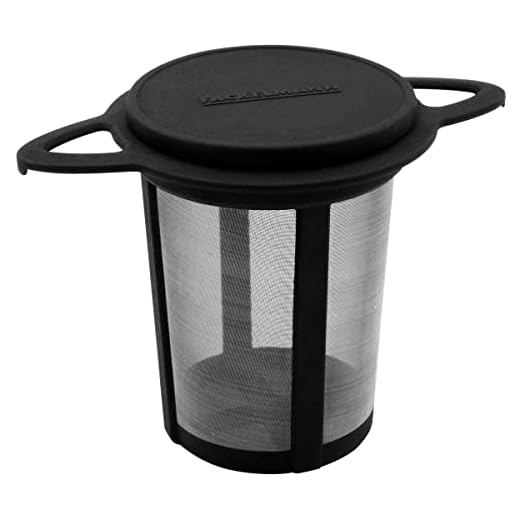 Fackelmann Filtro de Té Permanente, Infusionador con Tapa y Asas, Infusor para Té, Colador para Té de Acero Inoxidable y Plástico, Negro, 9x9x7 cm, 1 ud.