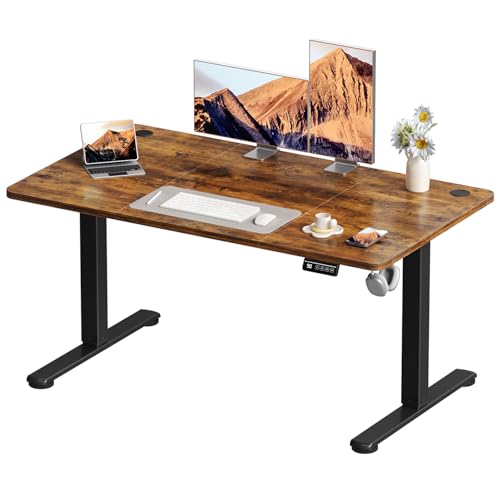 Devoko Electric Standing Desk 130x60cm Sit Stand Table Height Adjustable Desk with Backpack Hook and Memory Smart Pannel, Home Office Desk with Splice Board, Rustic Brown