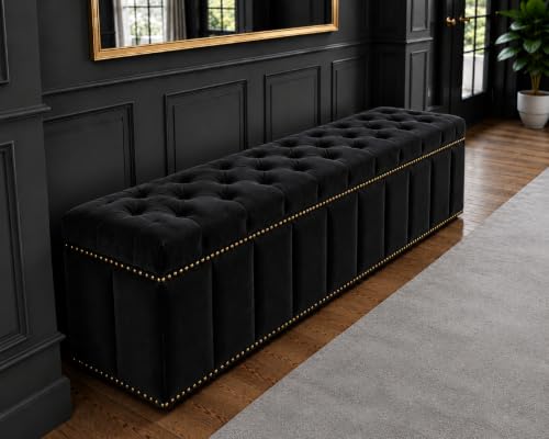 Image of Tufted Velvet Storage Ottoman Bench with Nailhead Trim (Black) | Storage Ottoman bench