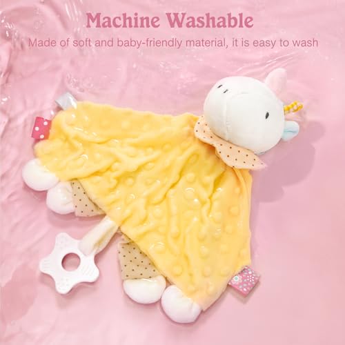 Image of Loveys for Babies, Security Blanket Soft Stuffed Animal Lovey Unisex Lovie Baby Stuff Snuggle Blanket with Tags Teether Bells, Soothing Plush Toys Baby Gift for Newborn, Yellow Unicorn