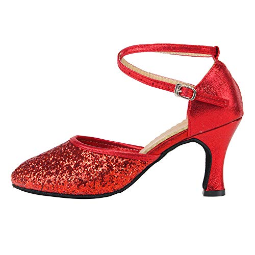 HIPPOSEUS Women's Closed Toe Latin Ballroom Dance Shoes Red Sequin Salsa Tango Scocial Practice Dancer Shoes 3 inch Heel,Model 225,5.5 B(M) US