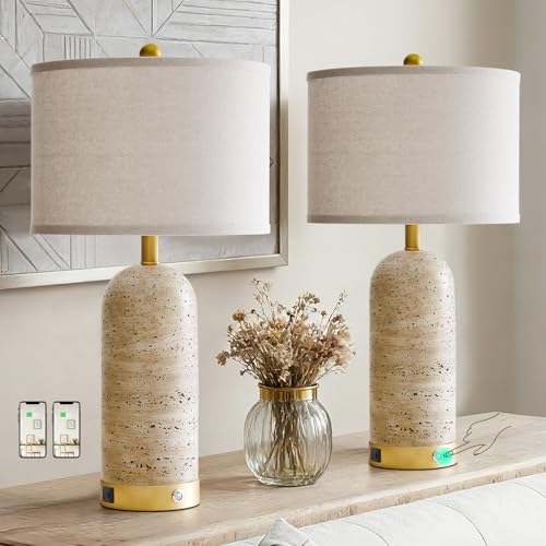 RORIA 25 Set of 2 Touch Table Lamps for Bedroom Resin Stone Travertine and USB A+C Ports 3-Way Dimmable Vintage Rustic Lamps for Living Room Study Room Entryway 2 LED Bulbs Included