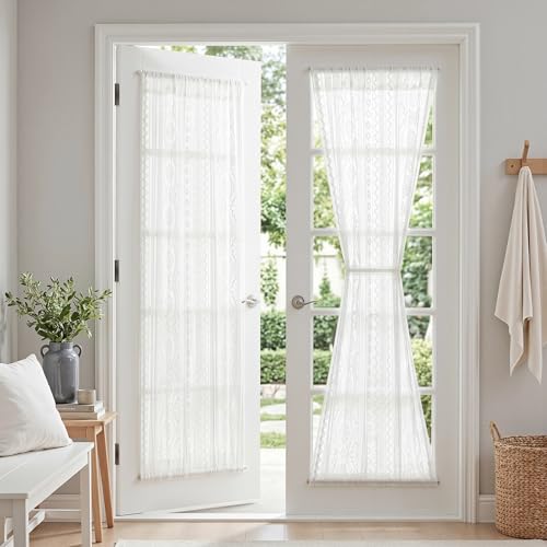 Image of MYSKY HOME White Lace French Door Curtains 72 inch Long 2 Panels Boho Sheer Floral Curtains for Door Window Scalloped Doorway Sidelight Curtains Come with 2 Matching Tie-Backs, 26 inch Wide Each Panel