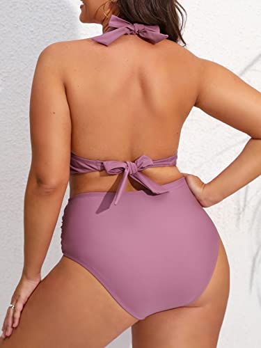 Cupshe Plus Size Swimsuits For Women Two Piece Bathing Suit High Waisted Bikini Ruched Halter Wrap Front Back Self Tie 1X, Purple #TOP1