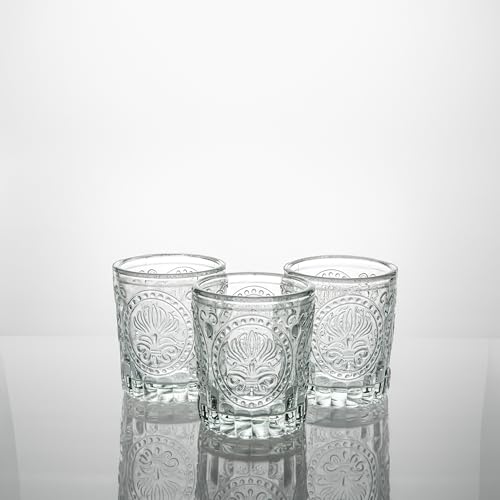 WGV Clear Vintage Primrose Votive Candle Holder 2.75" x 3.25"H, Emblem Glass Tealight Candleholder, Home Accent Décor, Wedding, 6 Pc