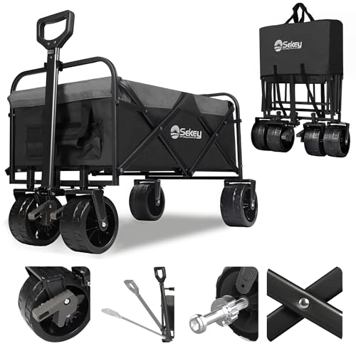 Sekey Heavy Duty Foldable Wagon with 220lbs Weight Capacity, Collapsible Folding Utility Garden Cart with Big All-Terrain Beach Wheelsand Drink Holders